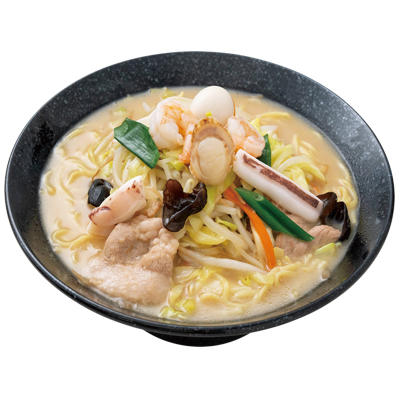 Champon Noodles with Seafood, Pork, and Vegetables in soy sauce pork bone based broth